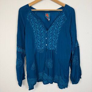 Johnny Was Embroidered Teal Turquoise Blouse Size M